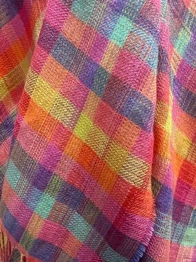 SOL- 80% BABY ALPACA/20% silk  Vibrant Plaid Fringe Scarf Wrap in Pink & Yellow